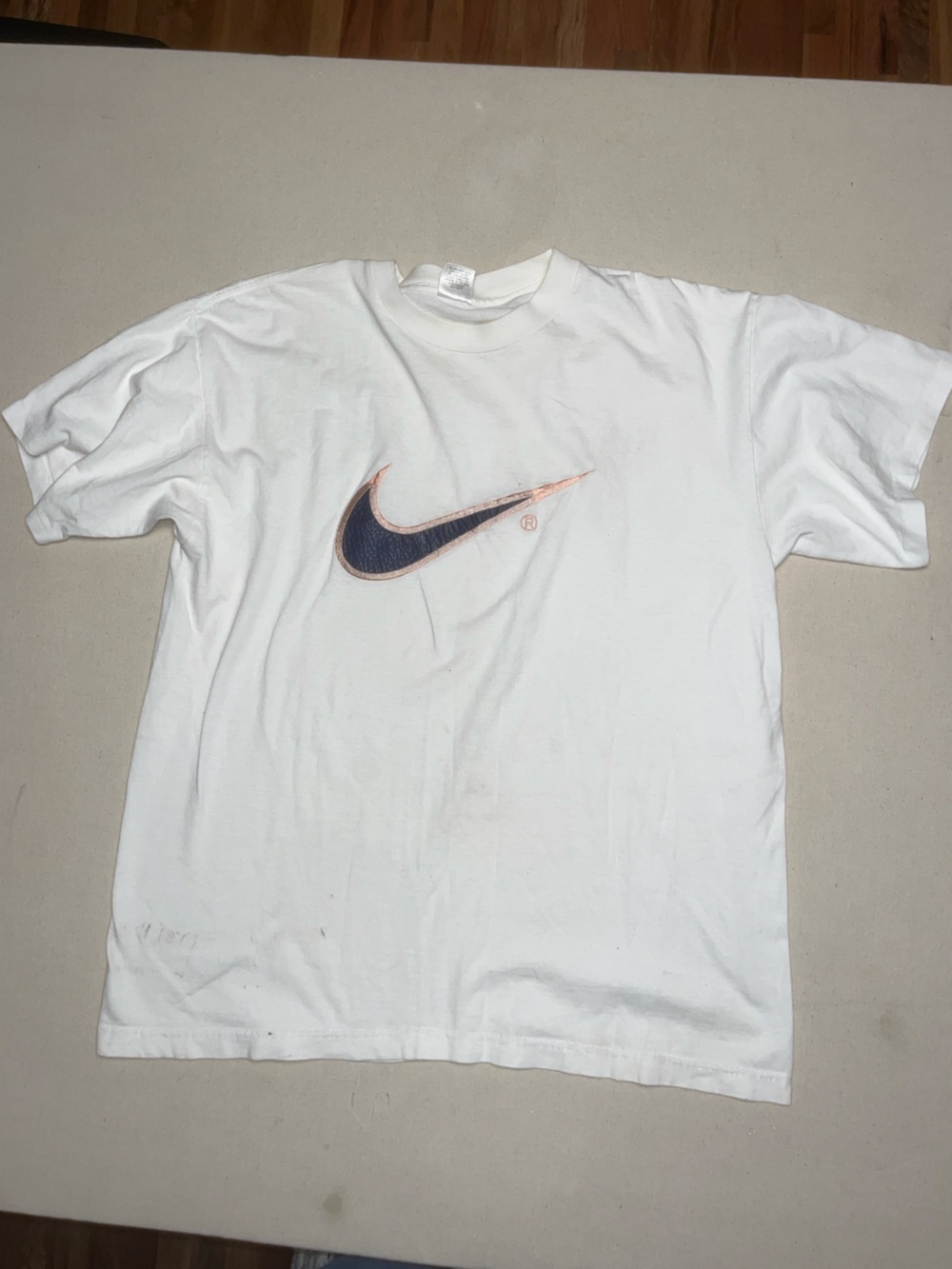 Nike White Tee with Navy and Rose Gold Swoosh